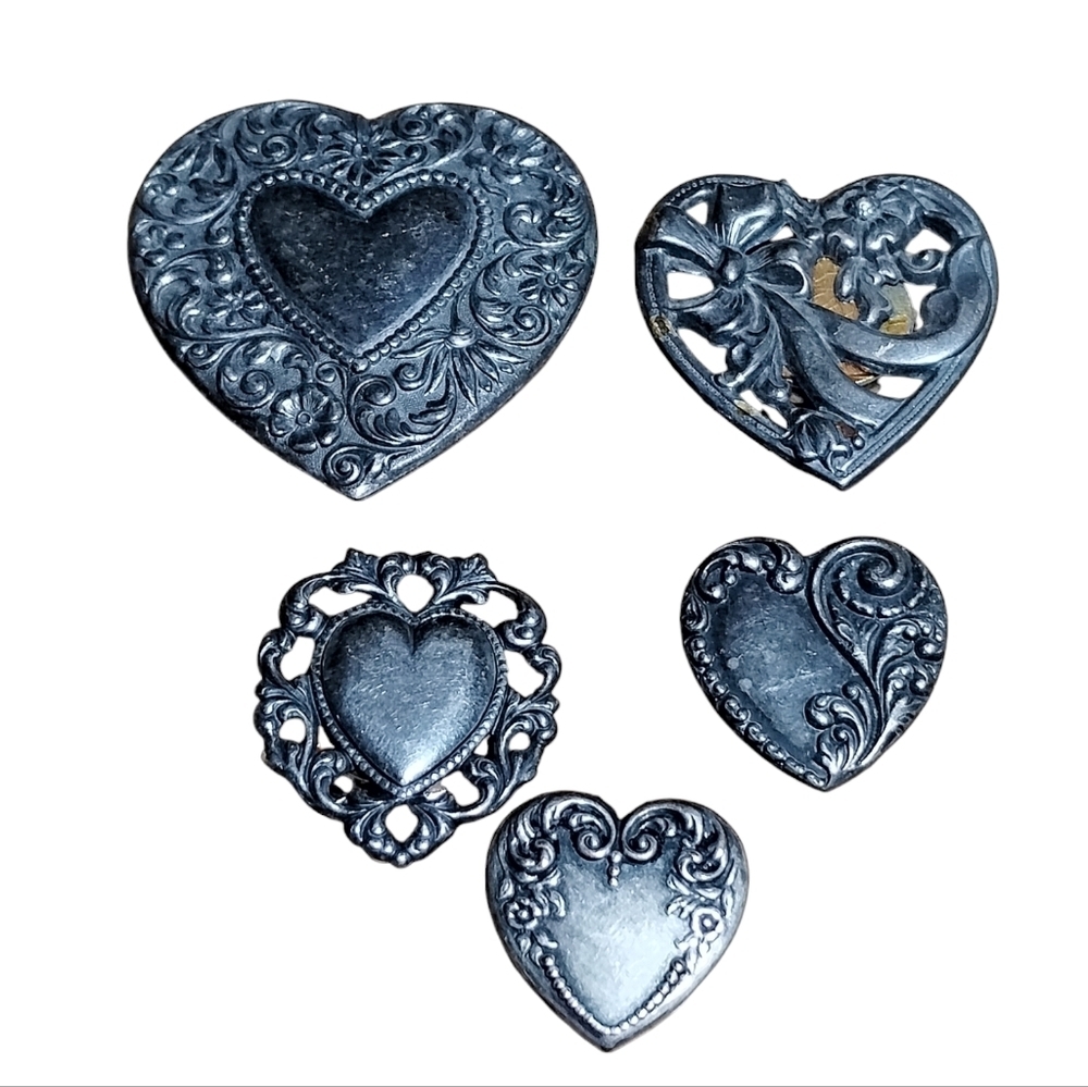 Vintage 5- Heart Pewter/ Silver Button Covers Grannycore, Cottagecore, 90's